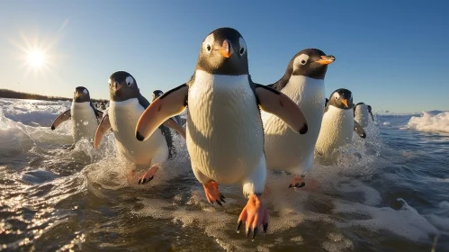 Playful Penguins in Water: Stunning Wildlife Scene