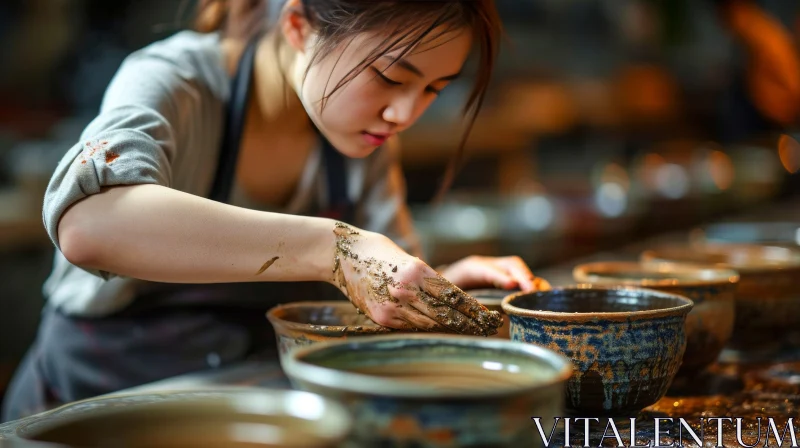 Pottery Studio: A Woman Crafting with Clay AI Image