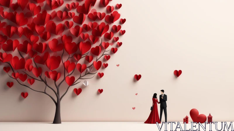 Romantic Digital Illustration of Couple by Tree with Red Paper Hearts AI Image