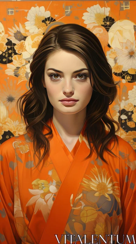 Serene Young Woman Portrait in Red Kimono AI Image