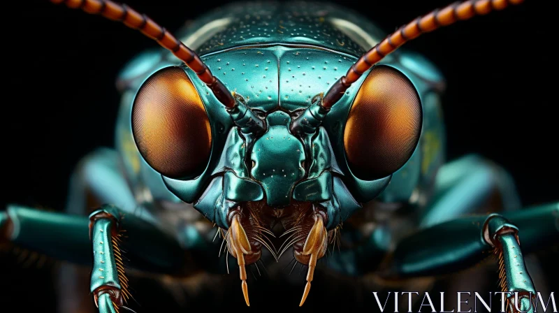 AI ART Shiny Green Metallic Bug with Orange Eyes Close-up