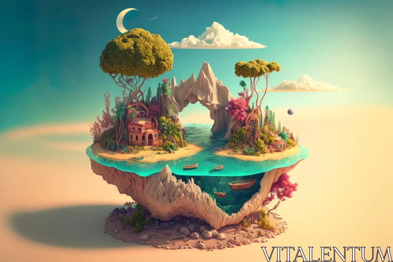 Surreal 3D Landscape: Small Island with Boat - Vibrant Illustration AI Image