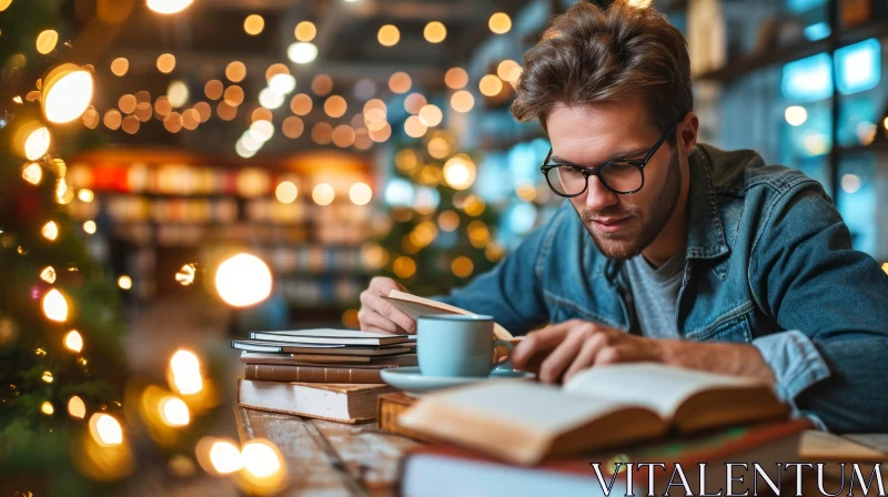 Thoughtful Young Man Reading a Book in a Cafe or Library AI Image