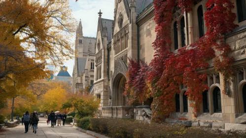 University Campus in Fall: Captivating Shot of Vibrant Leaves and Ivy-Covered Building