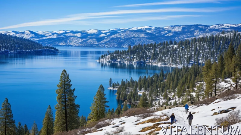 Winter Hike: Snowy Mountains and Lake View AI Image