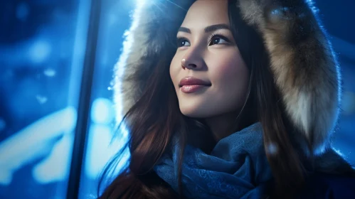 Young Woman in Fur-Trimmed Hood and Blue Scarf
