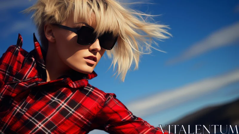 Young Woman in Red and Black Plaid Shirt and Sunglasses AI Image