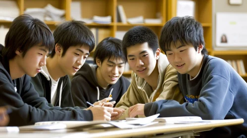 Asian High School Students Studying Together in Library