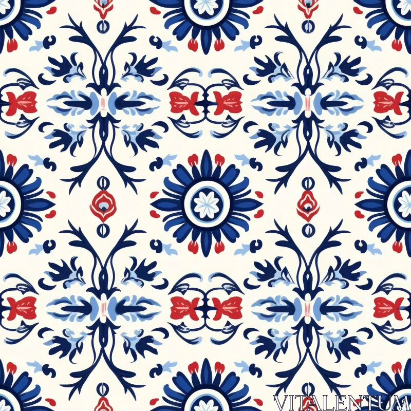 AI ART Blue and Red Floral Pattern on White Background