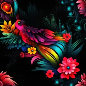Colorful Peacock Seamless Pattern on Black Background
