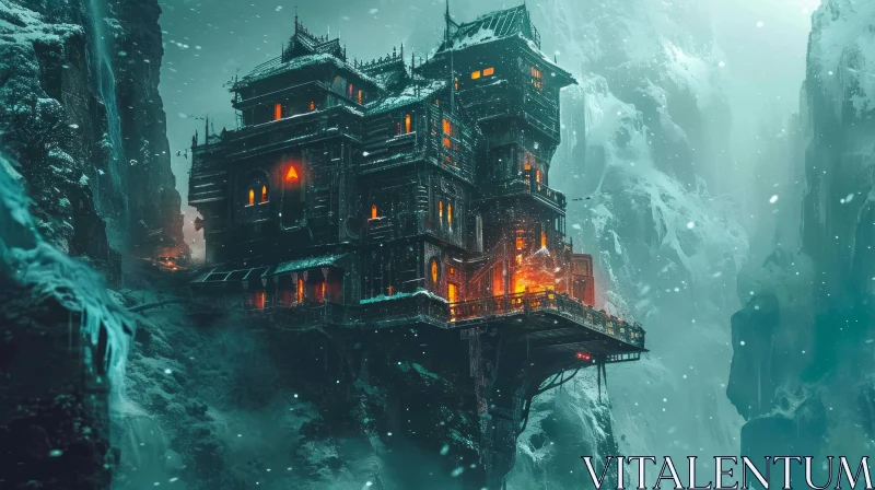 Dark Castle Perched on a Cliff | Mysterious Digital Painting AI Image