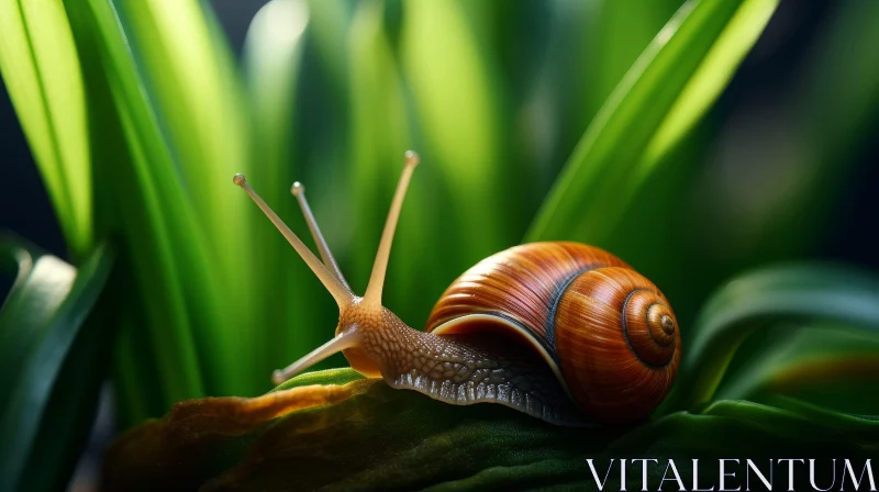 Detailed Snail Close-Up on Green Leaf AI Image