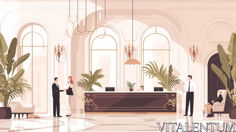 Elegant Hotel Lobby with Handshake and Reading Scene AI Image