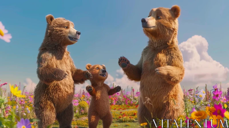 Family of Bears in Colorful Flower Field AI Image