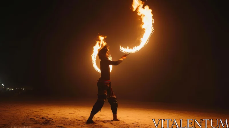 Fiery Beach Performance: Mesmerizing Fire Dancer at Night AI Image