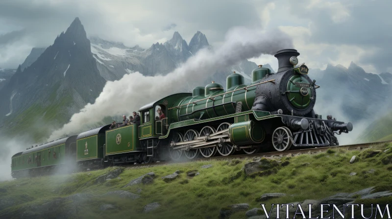 Green Steam Locomotive on Mountain Railway Track AI Image