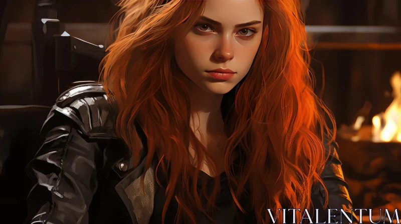 Intense Portrait of a Young Woman with Red Hair and Leather Jacket AI Image