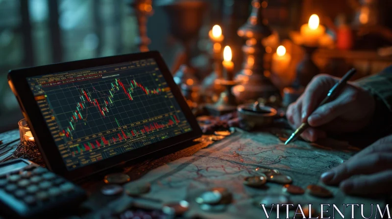 AI ART Intense Stock Market Trader Analyzing Candlestick Chart on Tablet