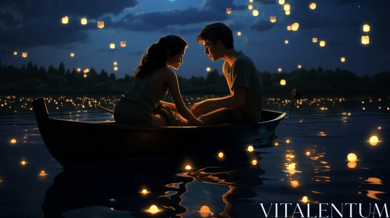 Romantic Night Painting: Couple in Boat on Calm Lake AI Image