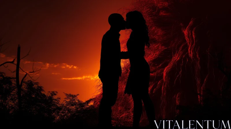 Romantic Sunset Silhouette of Man and Woman Kissing AI Image