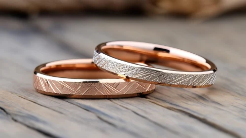 Rose Gold Wedding Rings on Wooden Surface
