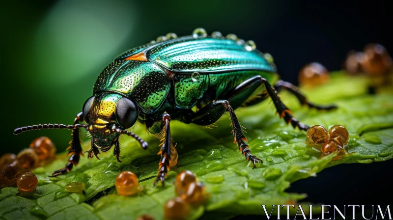 AI ART Shiny Green Beetle on Leaf - Macro Insect Photography