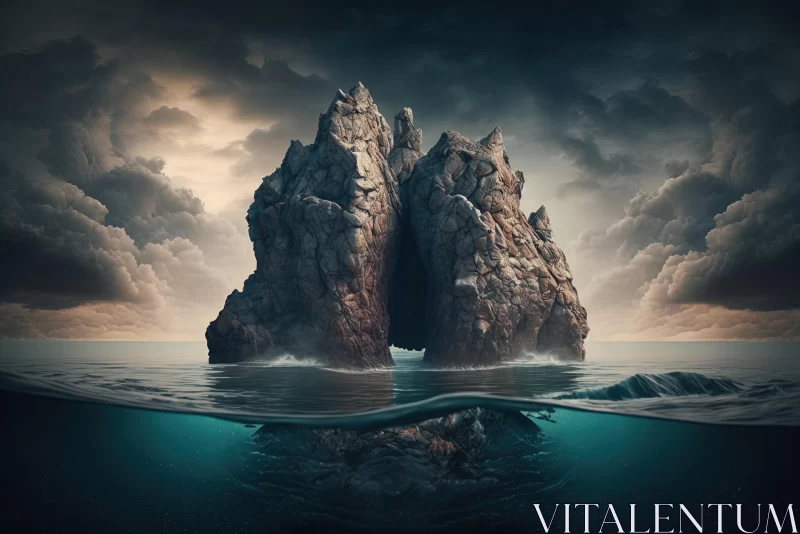 Surreal Ocean Landscape with Rocky Structure and Abstract Clouds AI Image