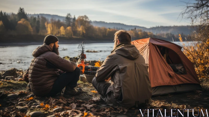 Tranquil Camping Scene by the River at Sunset AI Image