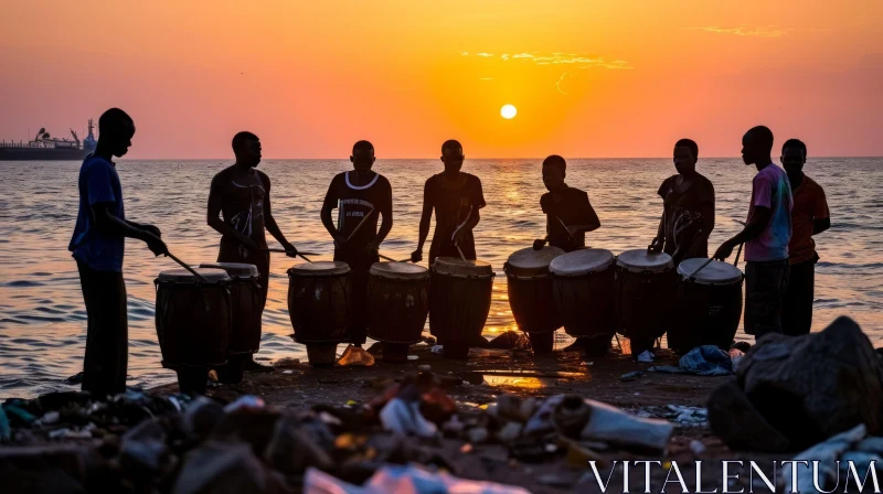 African Men Playing Traditional Drums at Sunset AI Image