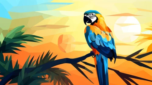 Blue and Yellow Parrot on Branch - Digital Painting