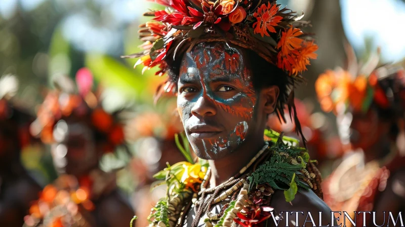 Captivating Portrait of a Papua New Guinean Man with Traditional Face Painting and Headdress AI Image