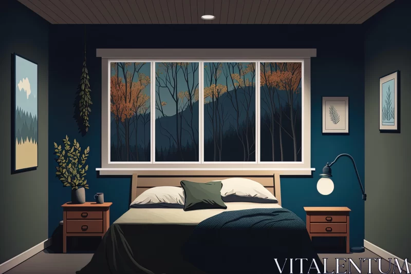 Cozy Bedroom with Tree in Forest | Mid-century Illustration AI Image