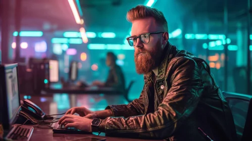Dark Room Hacker Typing on Keyboard with Neon Lights