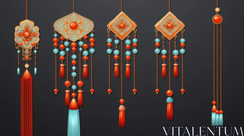 AI ART Exquisite Chinese Traditional Gold Pendants with Red & Blue Beads