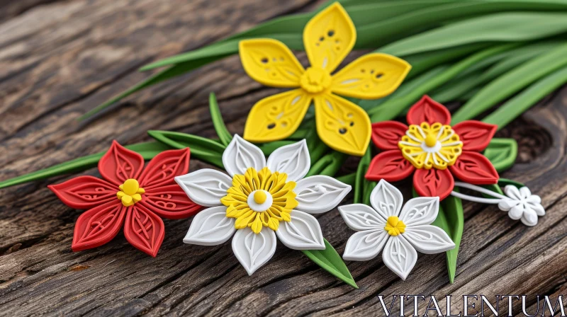 Handmade Polymer Clay Flowers on Wooden Background AI Image