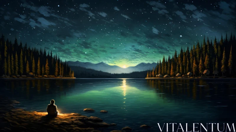Nighttime Mountain Lake Landscape Painting AI Image