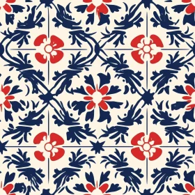 Red and Blue Floral Seamless Pattern Inspired by Portuguese Tiles
