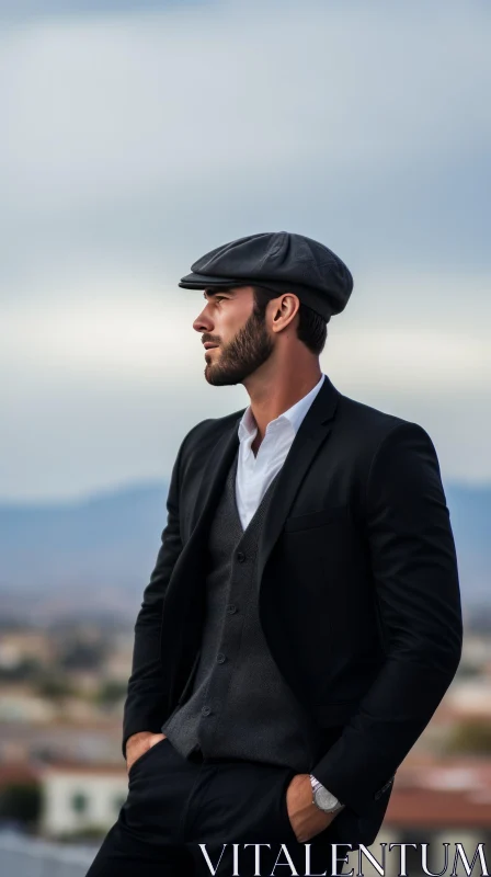 Stylish Young Man Portrait in Black Suit and Newsboy Cap AI Image
