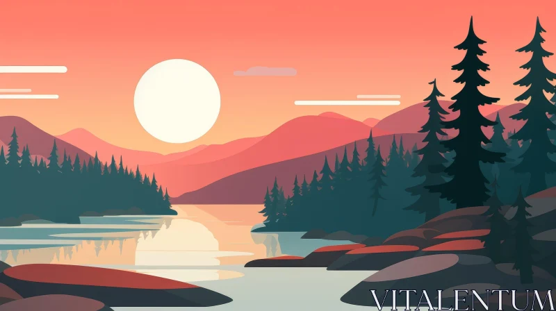AI ART Tranquil Nature Scene: Lake, Mountains, Trees at Sunset