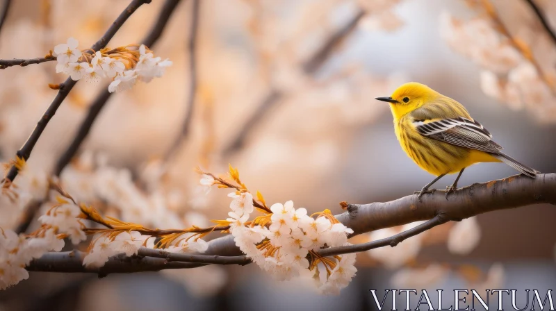 AI ART Yellow Bird on Tree Branch - Close-Up Nature Photography