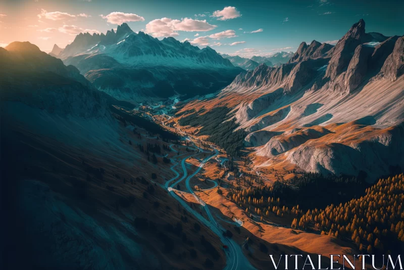 AI ART Aerial View of Valley in Dolomite Landscape - Realistic Hyper-Detailed Rendering