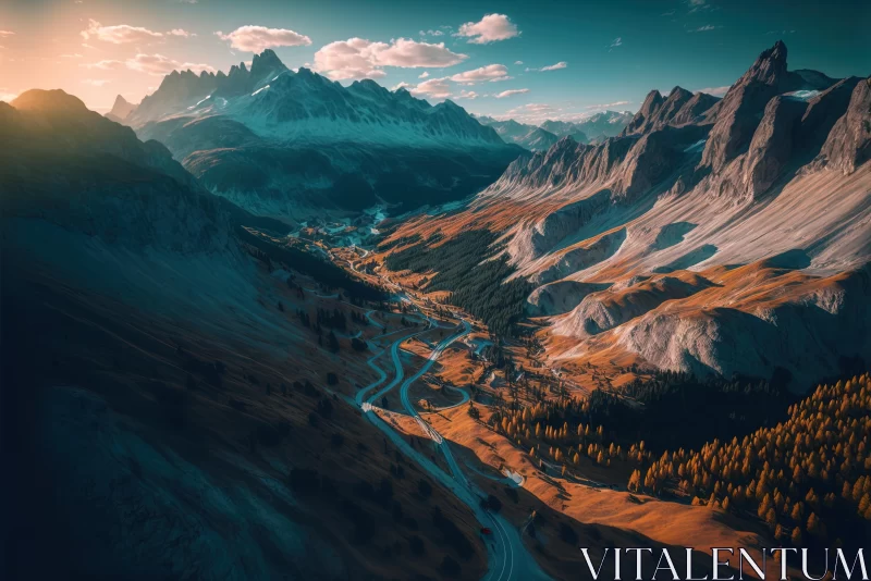 Aerial View of Valley in Dolomite Landscape - Realistic Hyper-Detailed Rendering AI Image