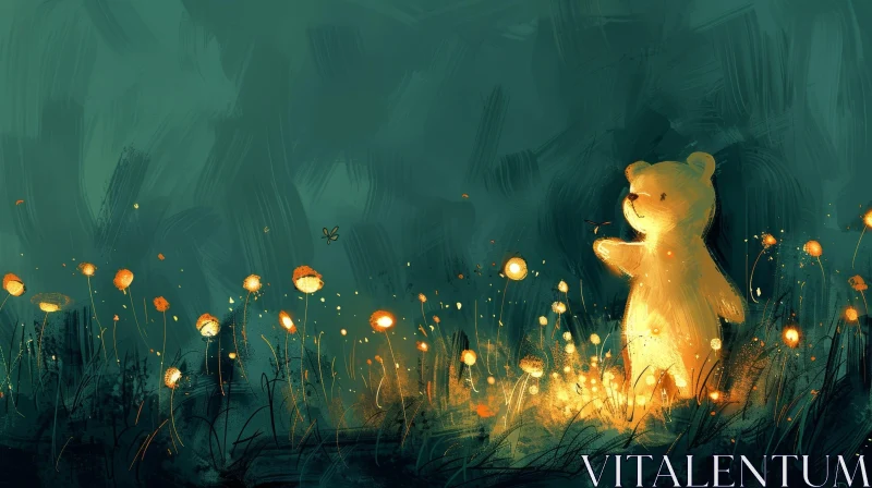 Bear in Field of Flowers Digital Painting AI Image