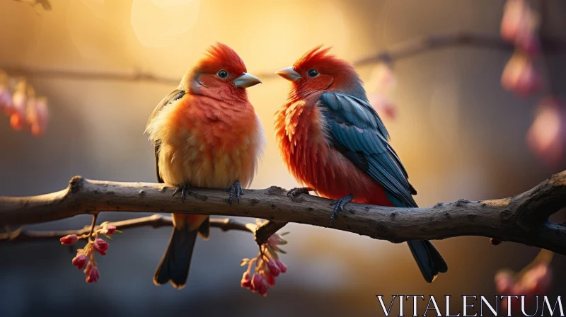 Bird Painting: Joyful Encounter on Branch AI Image