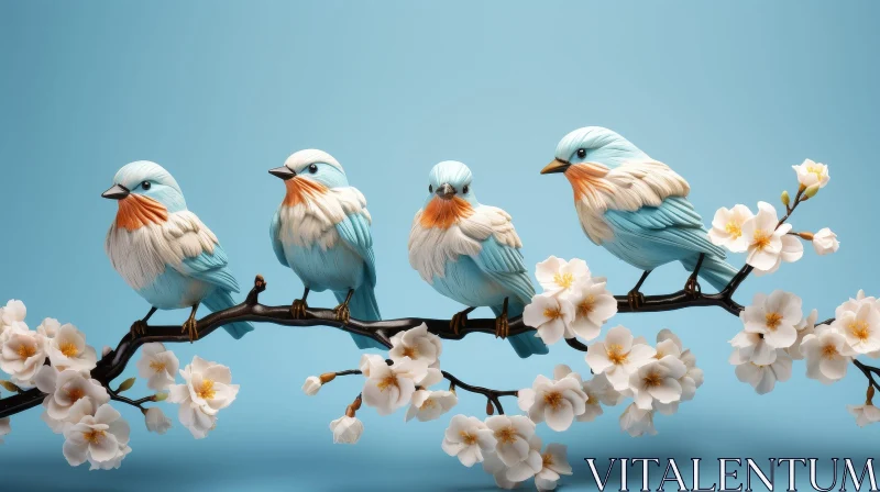 AI ART Blue Birds on Tree Branch with White Flowers