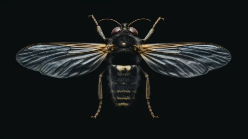Detailed Close-Up of Black and Yellow Wasp-Like Insect