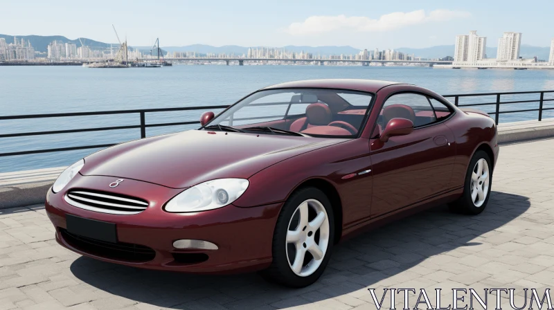 Elegantly Parked Red Sports Car near Water | Y2K Aesthetic AI Image