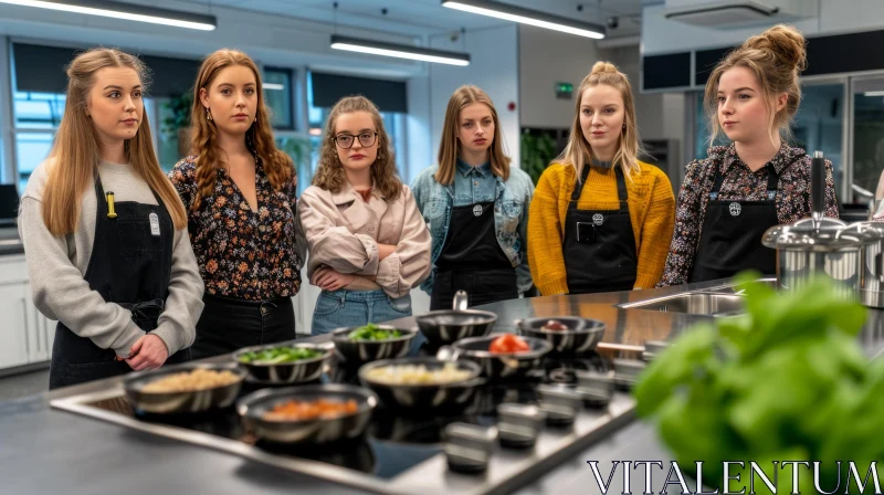 Enthralling Moment: Five Young Women Learn from a Skilled Chef in a Modern Kitchen AI Image
