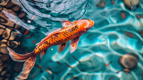 Graceful Orange and White Koi Fish Swimming in a Clear Blue Pond