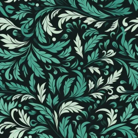 Green and Blue Leaves Seamless Pattern on Dark Background